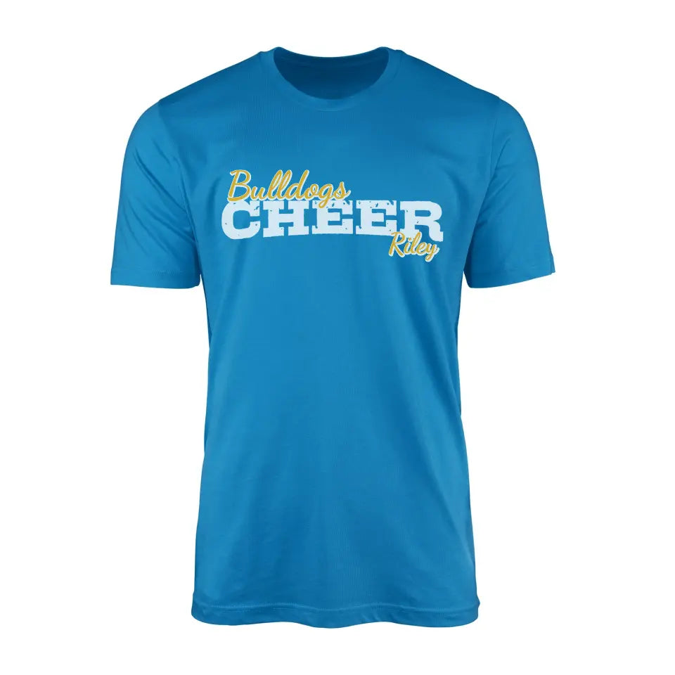 custom cheer mascot and cheerleader name design on a mens t-shirt with a white graphic