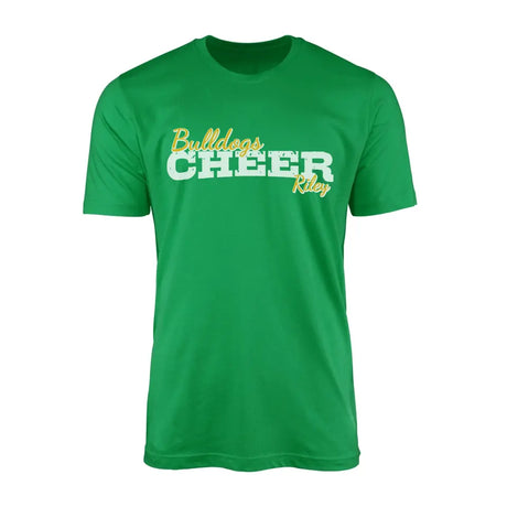 custom cheer mascot and cheerleader name design on a mens t-shirt with a white graphic