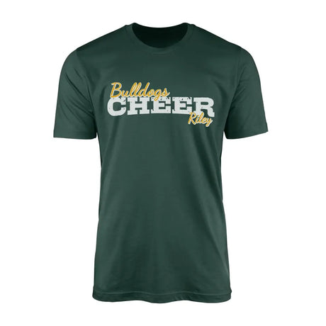 custom cheer mascot and cheerleader name design on a mens t-shirt with a white graphic