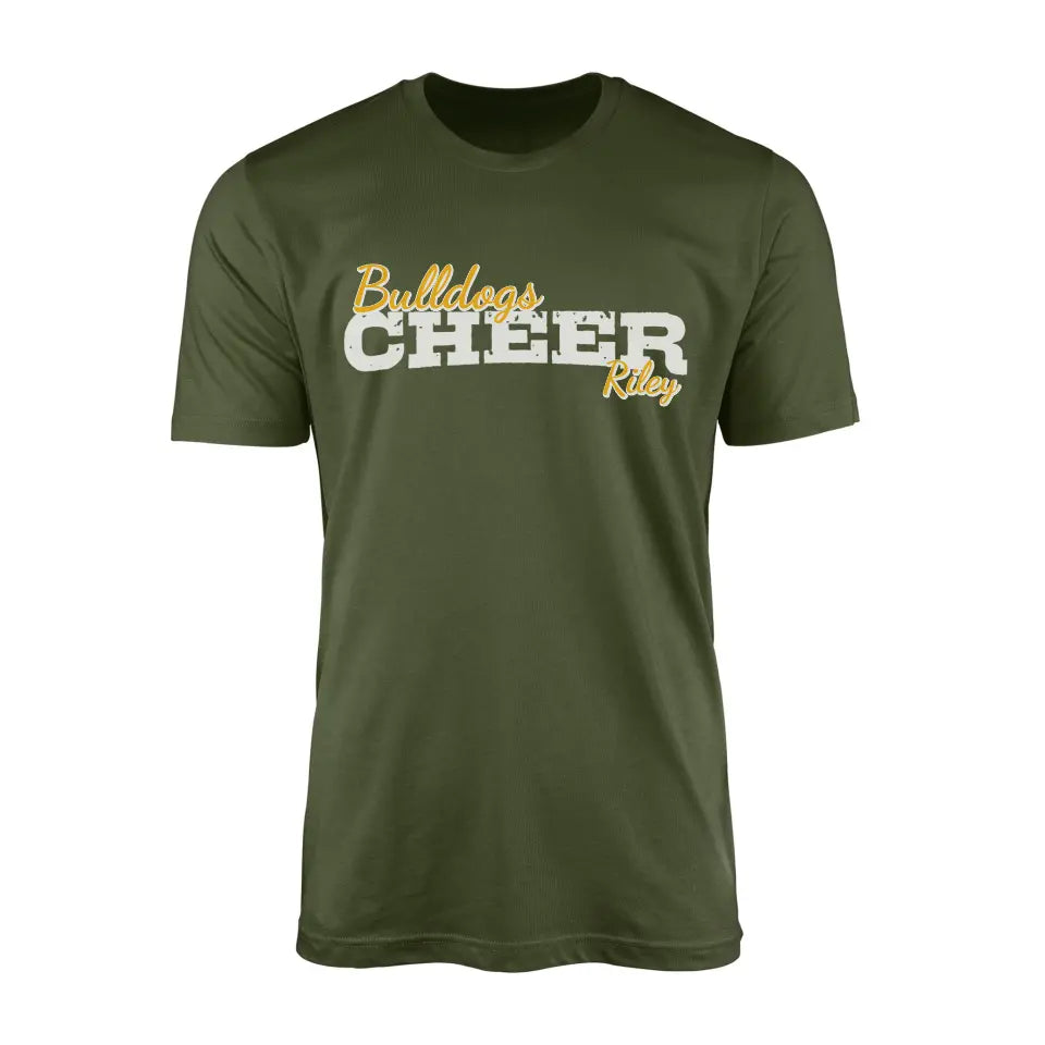 custom cheer mascot and cheerleader name design on a mens t-shirt with a white graphic