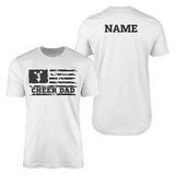 cheer dad horizontal flag with cheerleader name design on a mens t-shirt with a black graphic