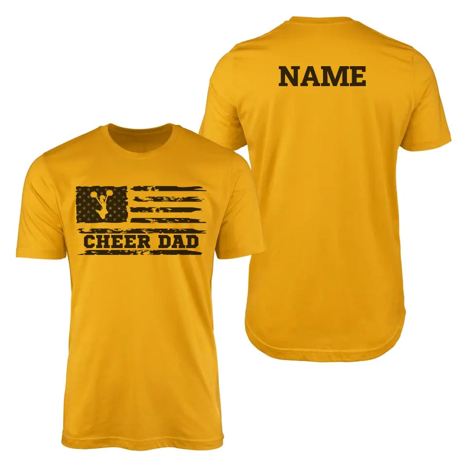 cheer dad horizontal flag with cheerleader name design on a mens t-shirt with a black graphic