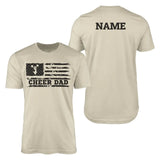 cheer dad horizontal flag with cheerleader name design on a mens t-shirt with a black graphic