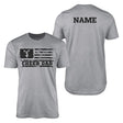 cheer dad horizontal flag with cheerleader name design on a mens t-shirt with a black graphic