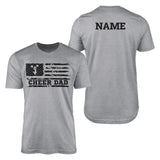 cheer dad horizontal flag with cheerleader name design on a mens t-shirt with a black graphic