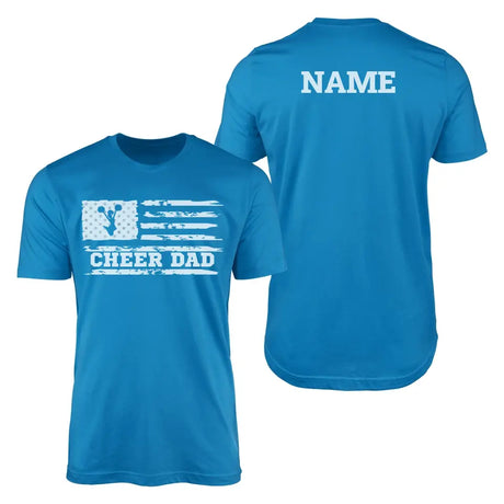 cheer dad horizontal flag with cheerleader name design on a mens t-shirt with a white graphic