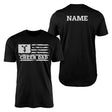 cheer dad horizontal flag with cheerleader name design on a mens t-shirt with a white graphic