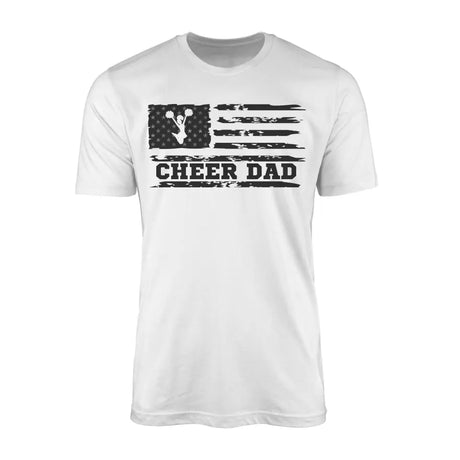 cheer dad horizontal flag design on a mens t-shirt with a black graphic