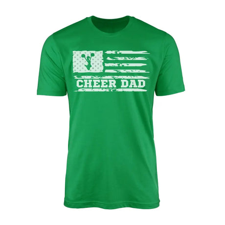 cheer dad horizontal flag design on a mens t-shirt with a white graphic