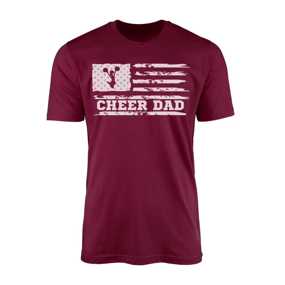 cheer dad horizontal flag design on a mens t-shirt with a white graphic