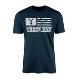 cheer dad horizontal flag design on a mens t-shirt with a white graphic