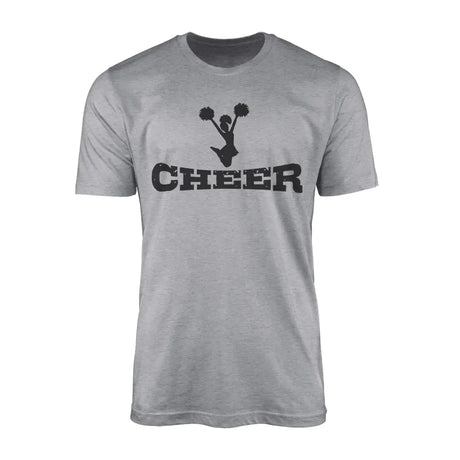 basic cheer with cheerleader icon design on a mens t-shirt with a black graphic