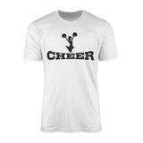 basic cheer with cheerleader icon design on a mens t-shirt with a black graphic