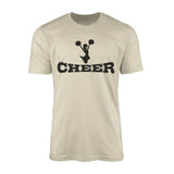 basic cheer with cheerleader icon design on a mens t-shirt with a black graphic