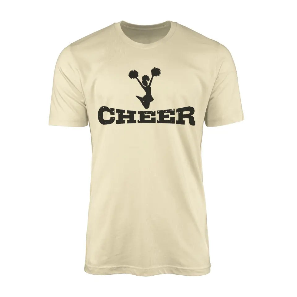 basic cheer with cheerleader icon design on a mens t-shirt with a black graphic