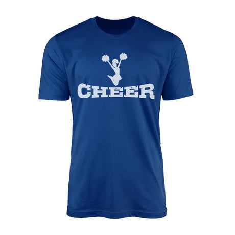 basic cheer with cheerleader icon design on a mens t-shirt with a white graphic