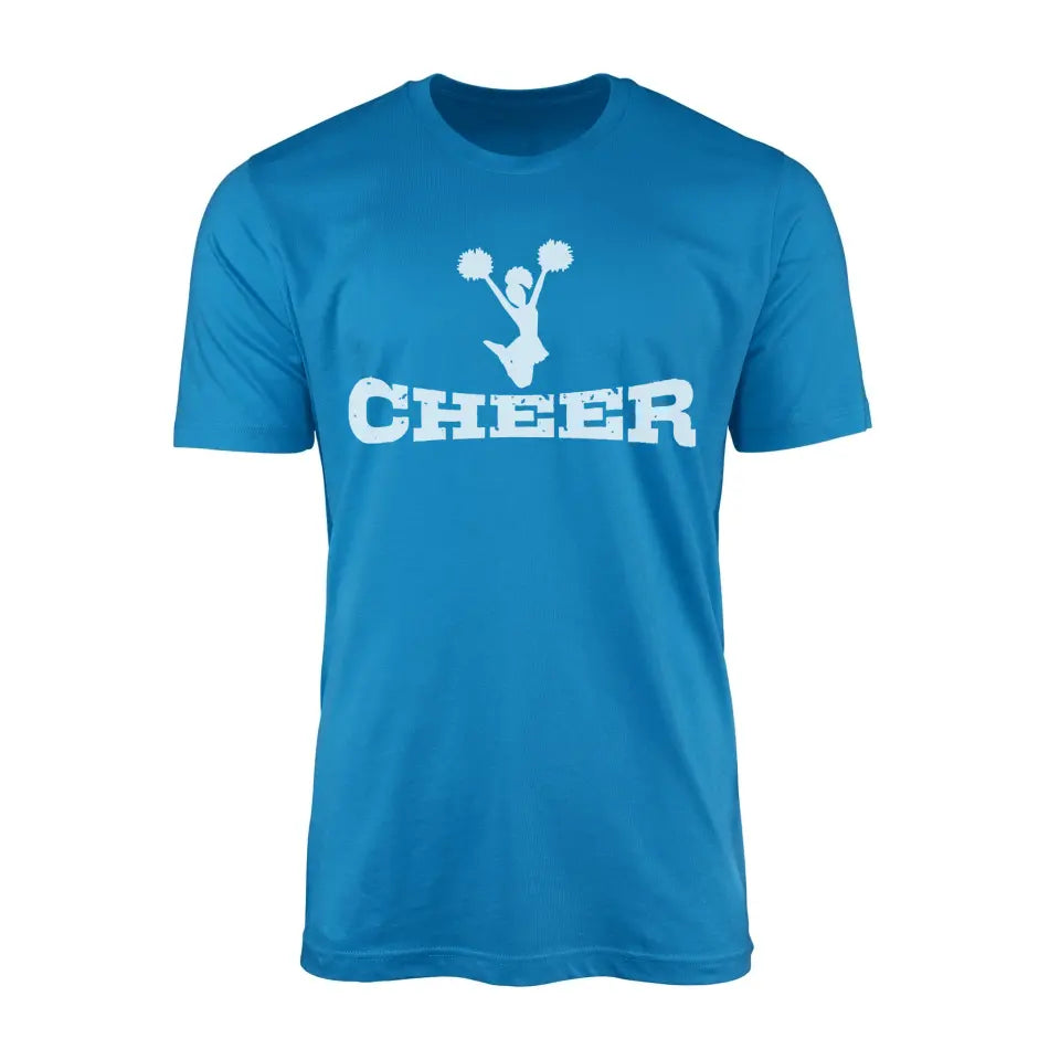 basic cheer with cheerleader icon design on a mens t-shirt with a white graphic