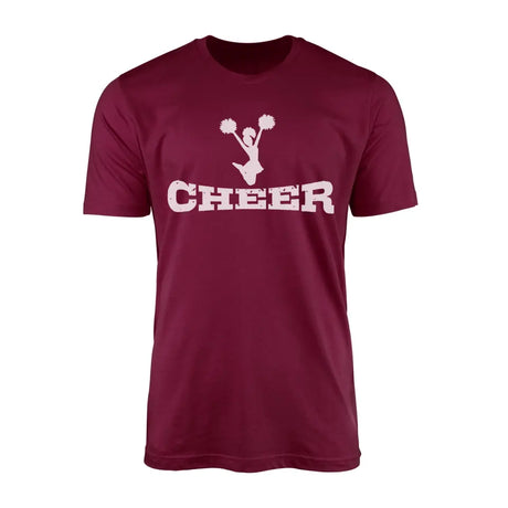 basic cheer with cheerleader icon design on a mens t-shirt with a white graphic