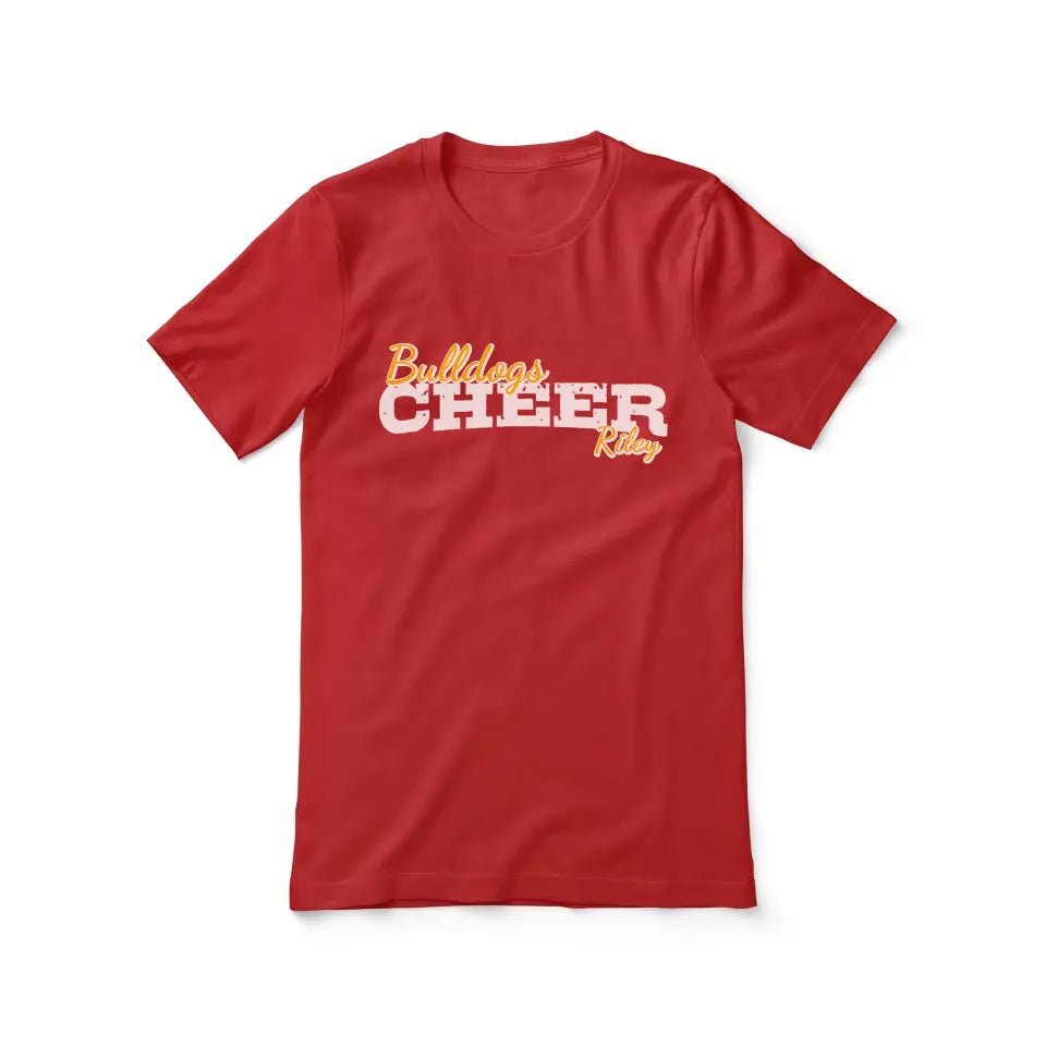 custom cheer mascot and cheerleader name design on a unisex t-shirt with a white graphic