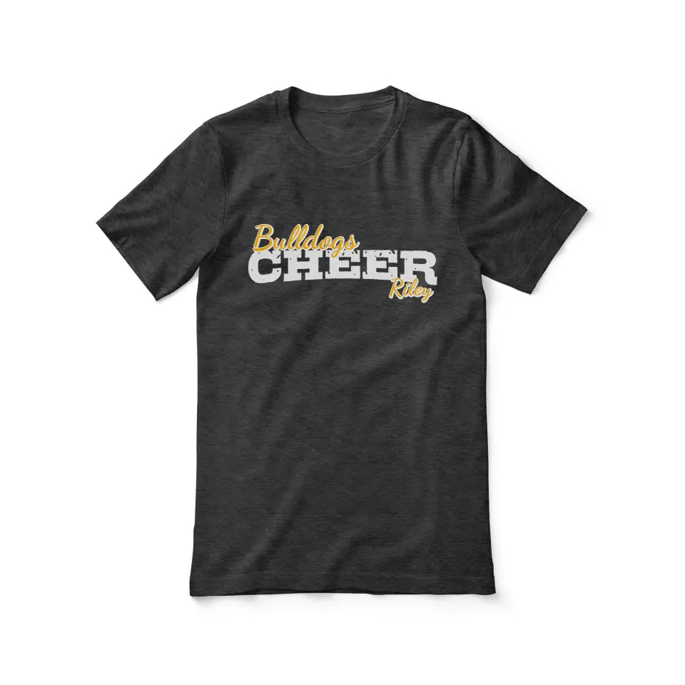 custom cheer mascot and cheerleader name design on a unisex t-shirt with a white graphic