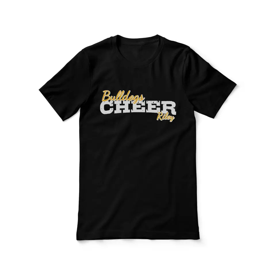 custom cheer mascot and cheerleader name design on a unisex t-shirt with a white graphic