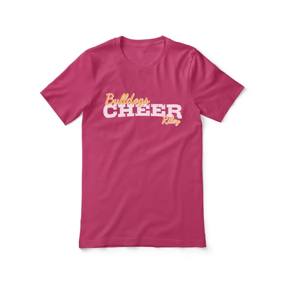 custom cheer mascot and cheerleader name design on a unisex t-shirt with a white graphic