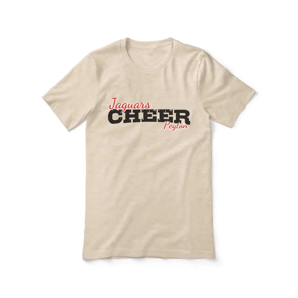 custom cheer mascot and cheerleader name design on a unisex t-shirt with a black graphic