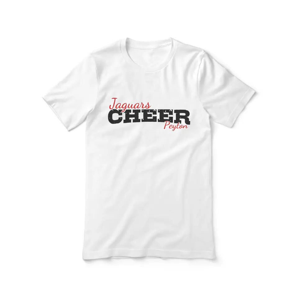 custom cheer mascot and cheerleader name design on a unisex t-shirt with a black graphic