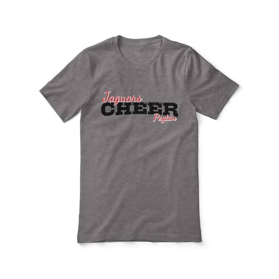 custom cheer mascot and cheerleader name design on a unisex t-shirt with a black graphic