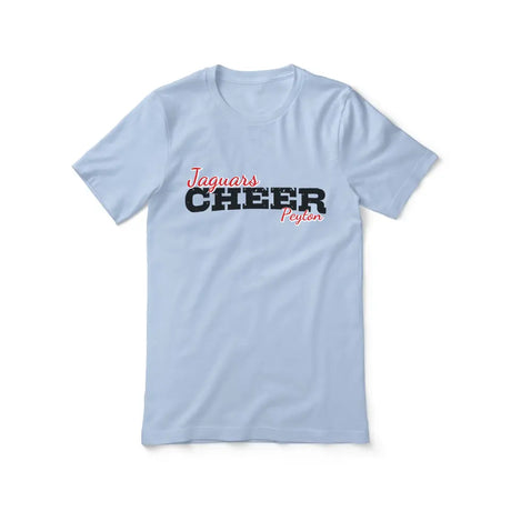 custom cheer mascot and cheerleader name design on a unisex t-shirt with a black graphic