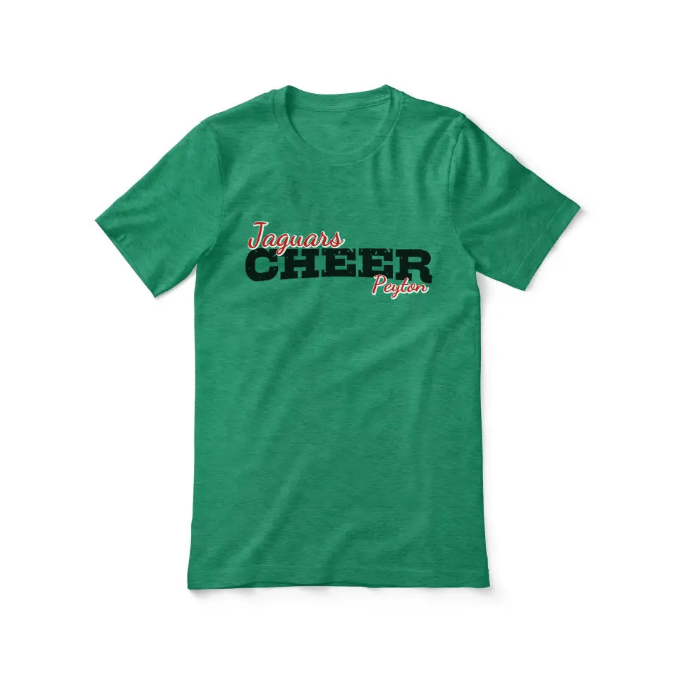 custom cheer mascot and cheerleader name design on a unisex t-shirt with a black graphic
