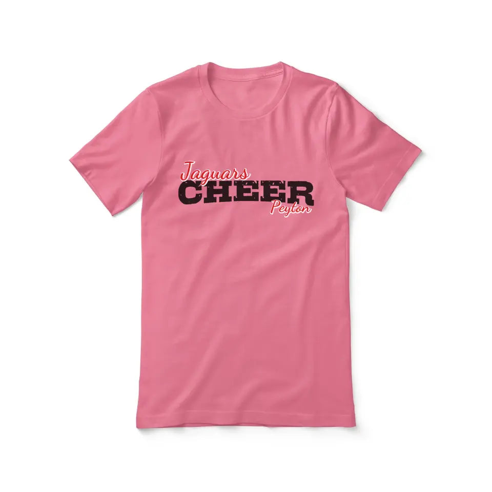 custom cheer mascot and cheerleader name design on a unisex t-shirt with a black graphic