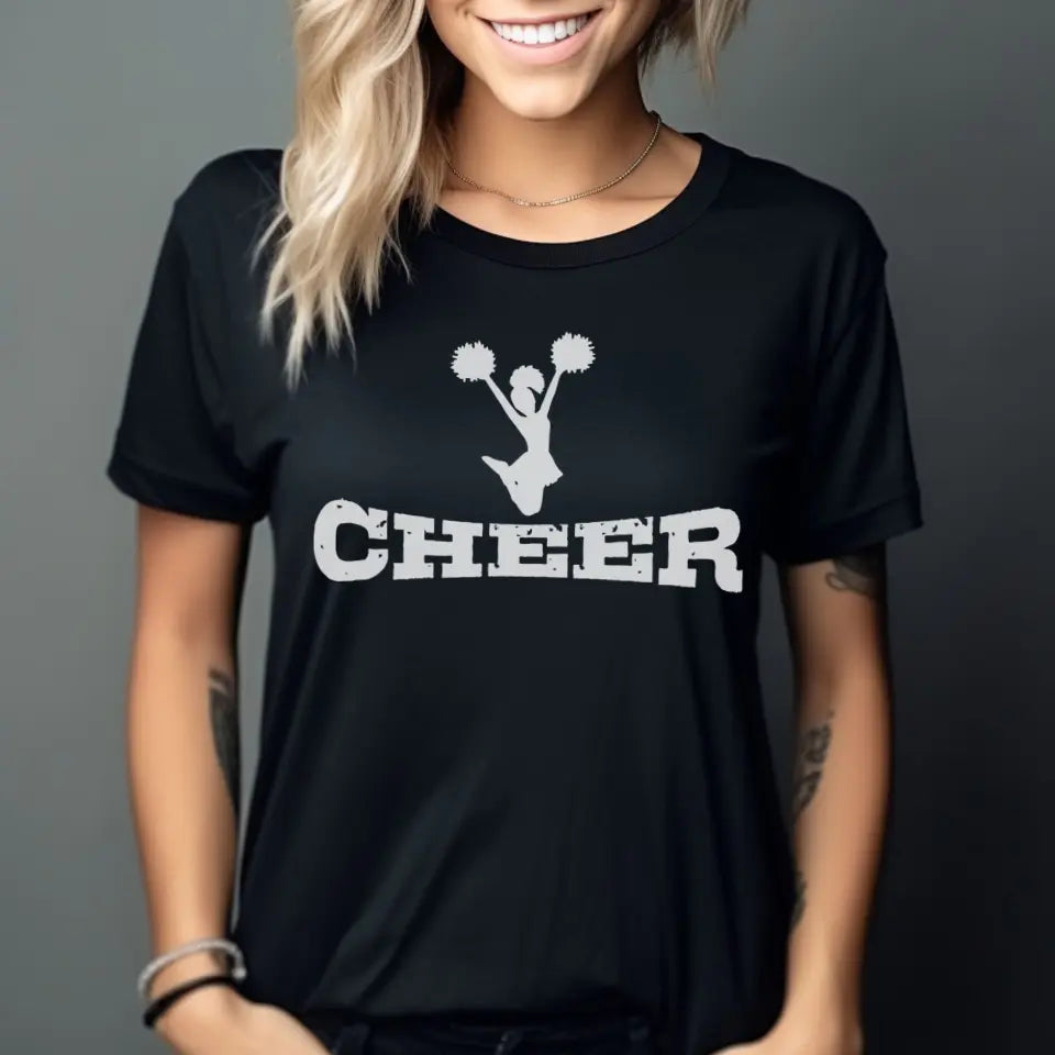 basic cheer with cheerleader icon design on a unisex t-shirt with a white graphic