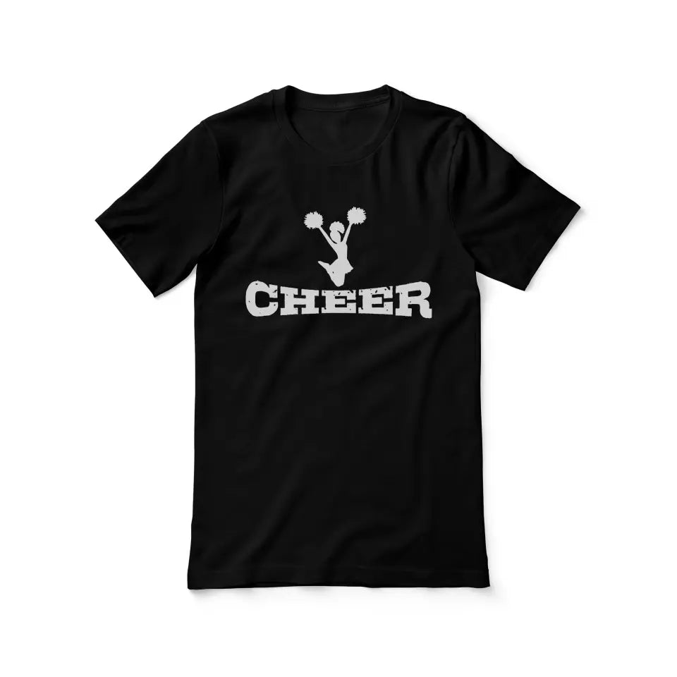 basic cheer with cheerleader icon design on a unisex t-shirt with a white graphic