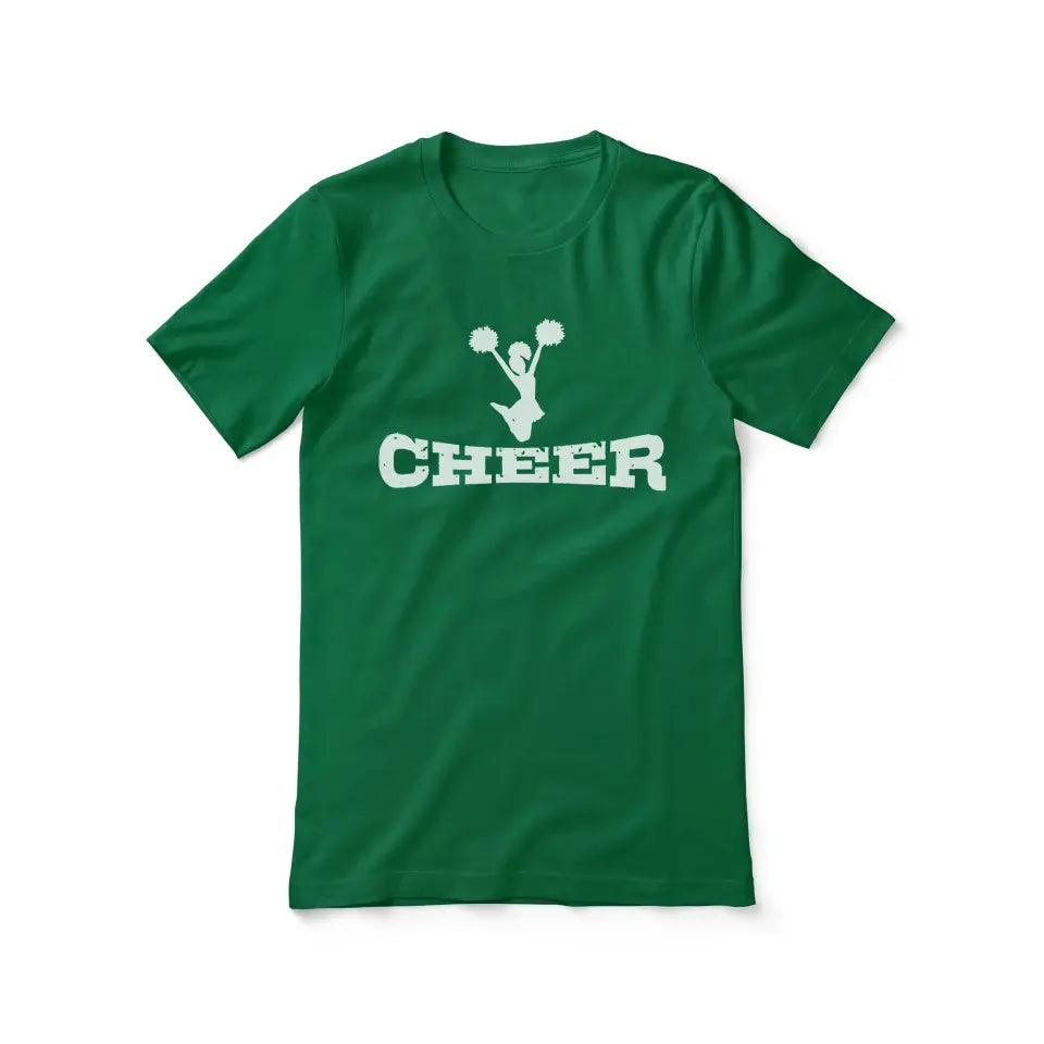 basic cheer with cheerleader icon design on a unisex t-shirt with a white graphic