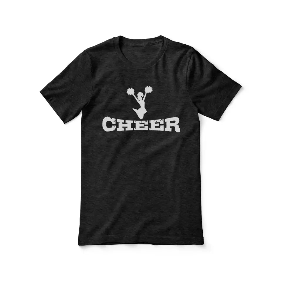 basic cheer with cheerleader icon design on a unisex t-shirt with a white graphic