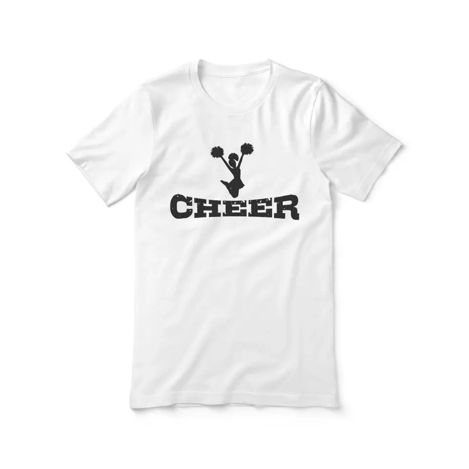 basic cheer with cheerleader icon design on a unisex t-shirt with a black graphic