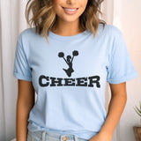 basic cheer with cheerleader icon design on a unisex t-shirt with a black graphic