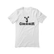 basic cheer with cheerleader icon design on a unisex t-shirt with a black graphic