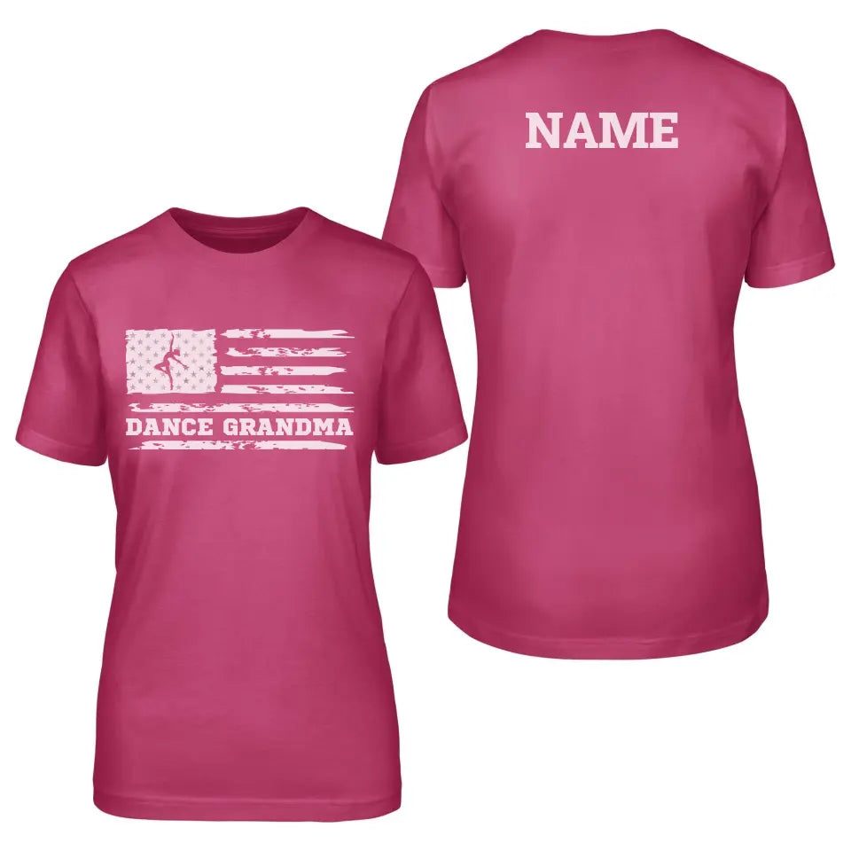 dance grandma horizontal flag with dancer name design on a unisex t-shirt with a white graphic