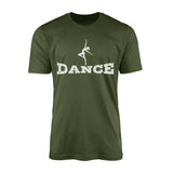 basic dance with dancer icon design on a mens t-shirt with a white graphic