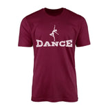 basic dance with dancer icon design on a mens t-shirt with a white graphic