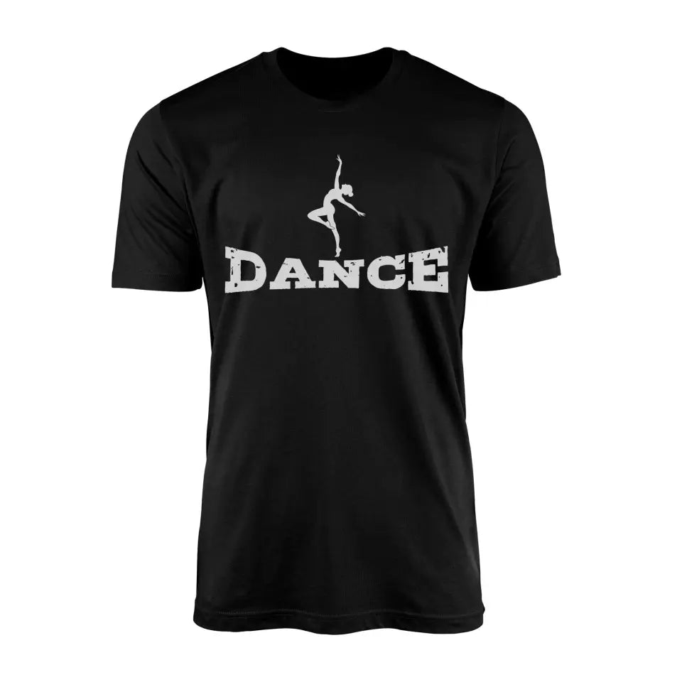 basic dance with dancer icon design on a mens t-shirt with a white graphic