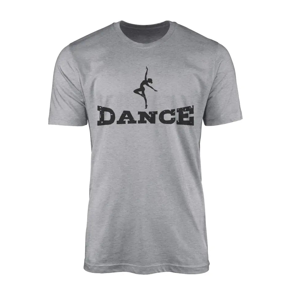 basic dance with dancer icon design on a mens t-shirt with a black graphic