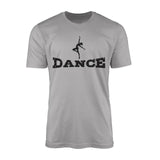 basic dance with dancer icon design on a mens t-shirt with a black graphic