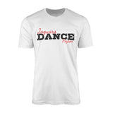 custom dance mascot and dancer name design on a mens t-shirt with a black graphic