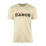 custom dance mascot and dancer name design on a mens t-shirt with a black graphic