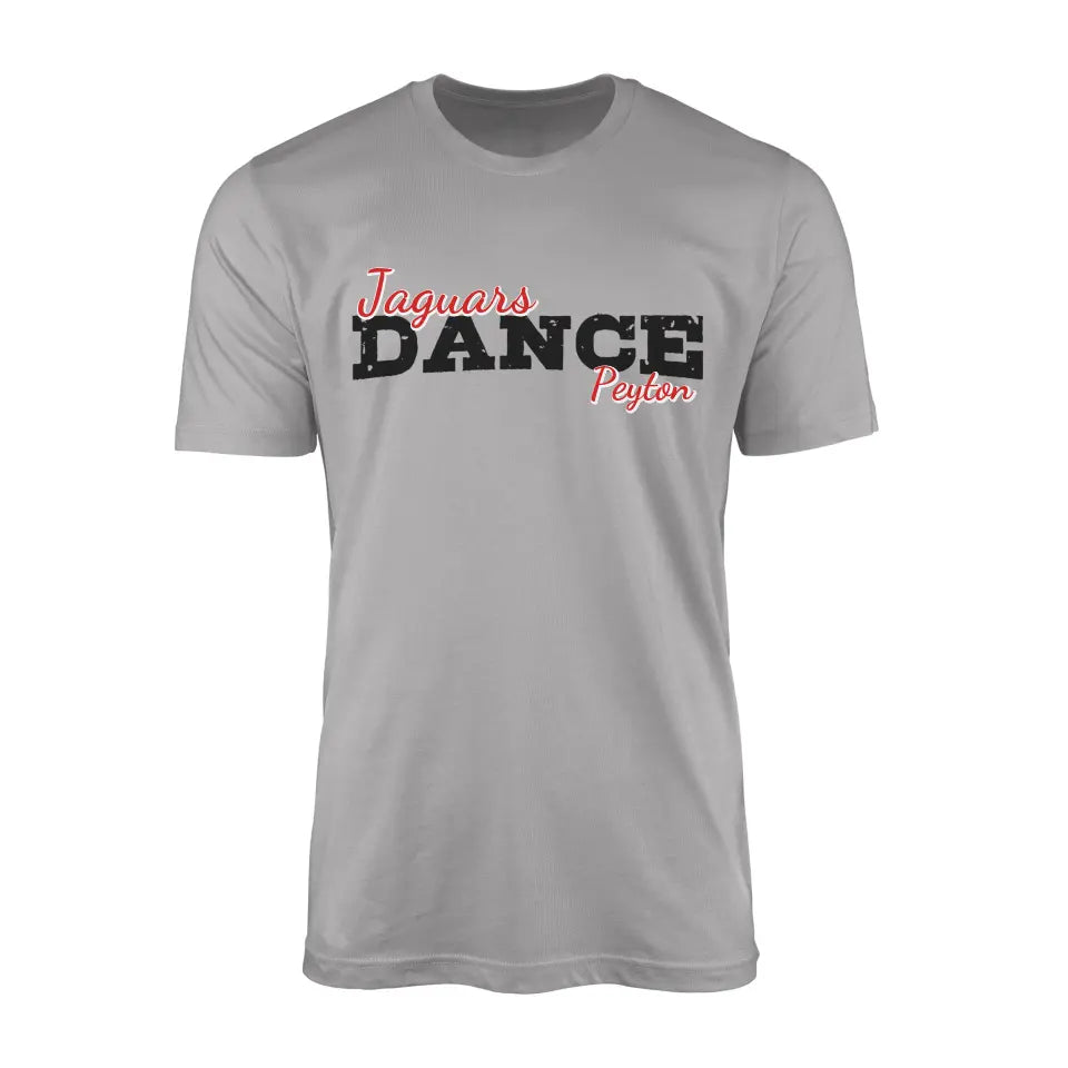 custom dance mascot and dancer name design on a mens t-shirt with a black graphic