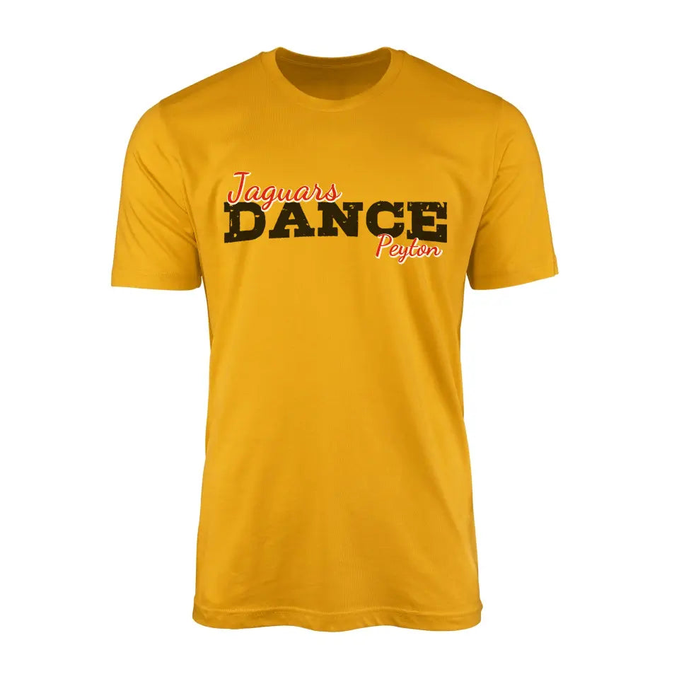 custom dance mascot and dancer name design on a mens t-shirt with a black graphic