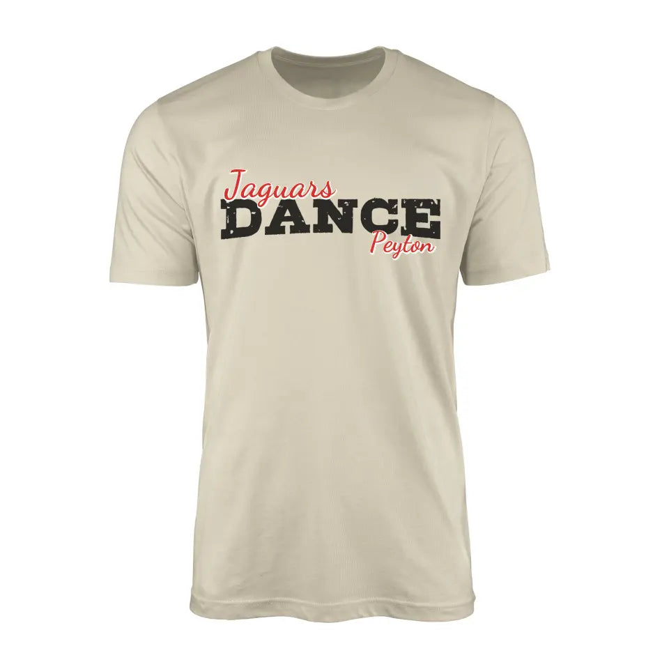 custom dance mascot and dancer name design on a mens t-shirt with a black graphic